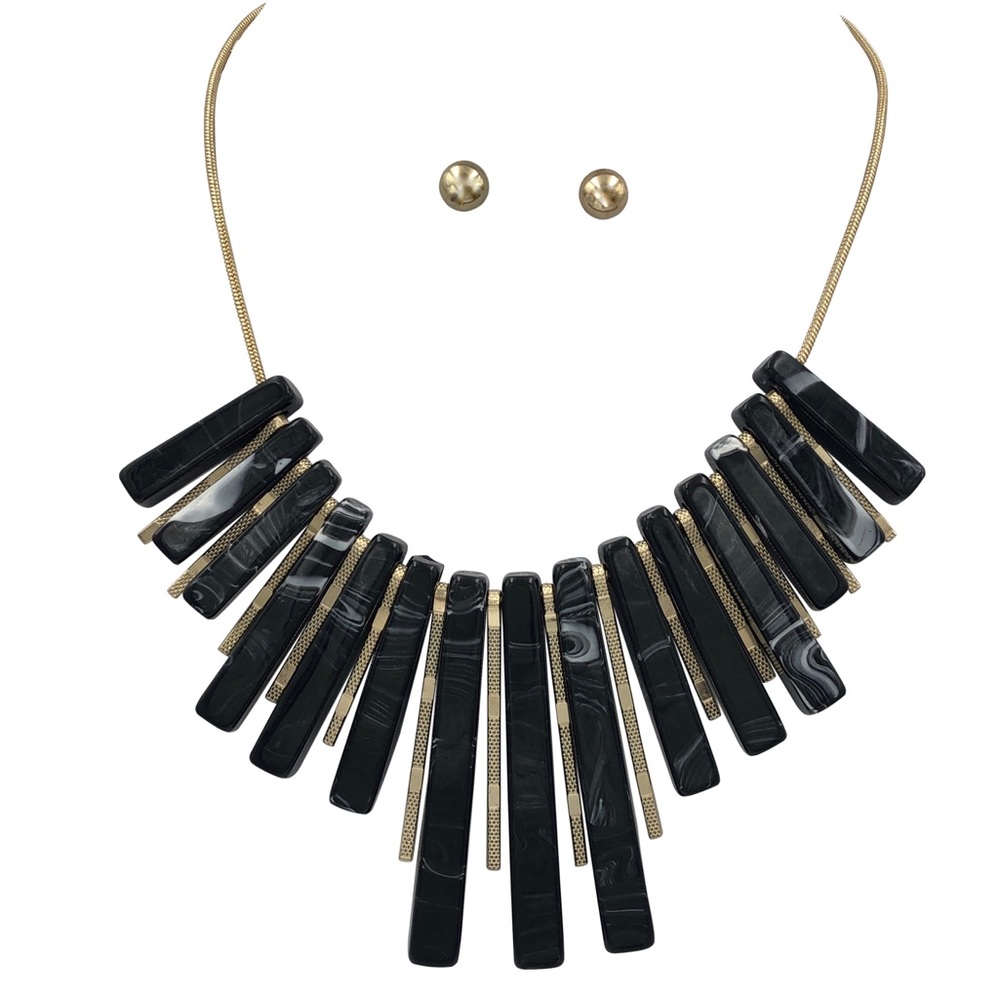 Large Black Bar Flared Necklace Earrings Set